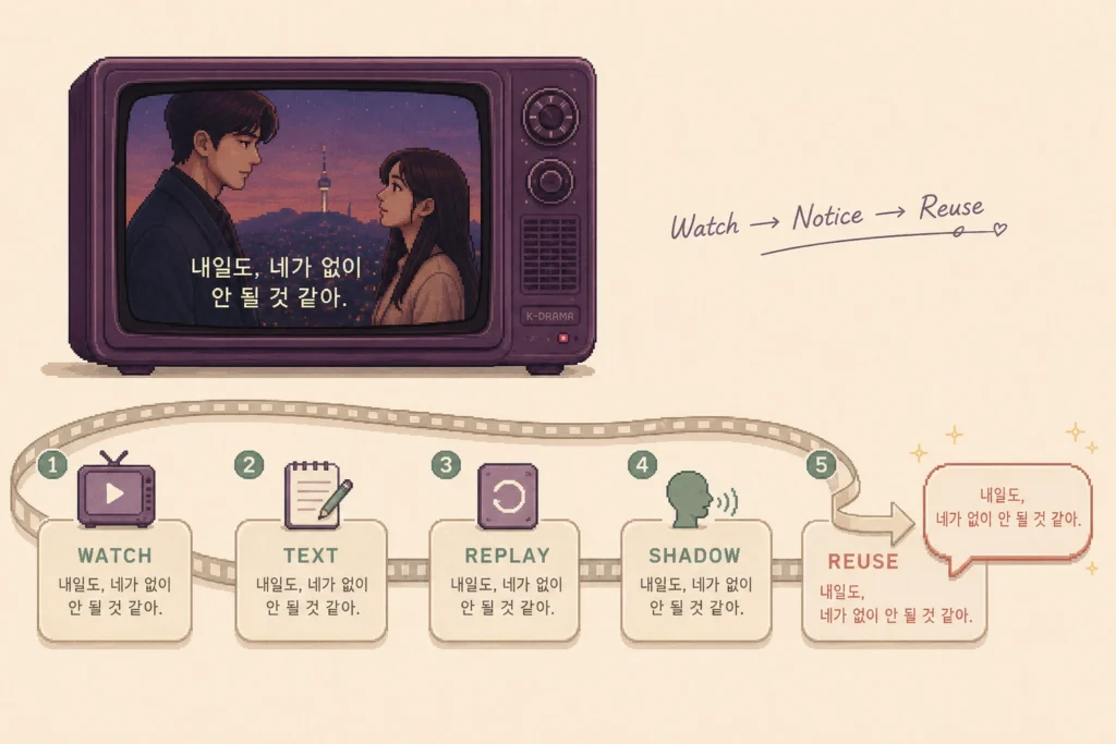 Interest → Immersion → Korean text → Replay → Shadow → Reuse