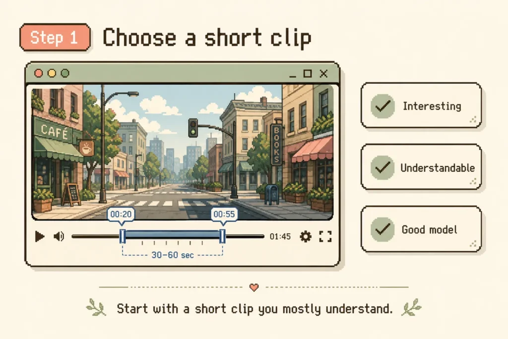 Step 1. Choose a 30–60 Second Clip You Can Mostly Understand
