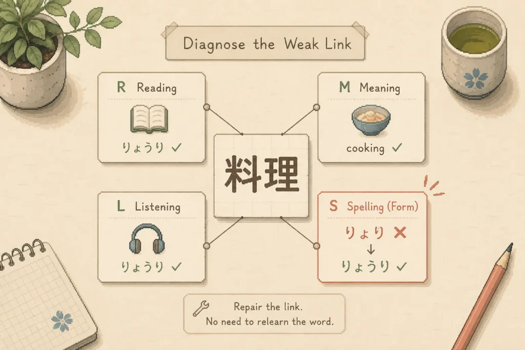 Reading, meaning, listening, and spelling are different retrieval problems and need different fixes.