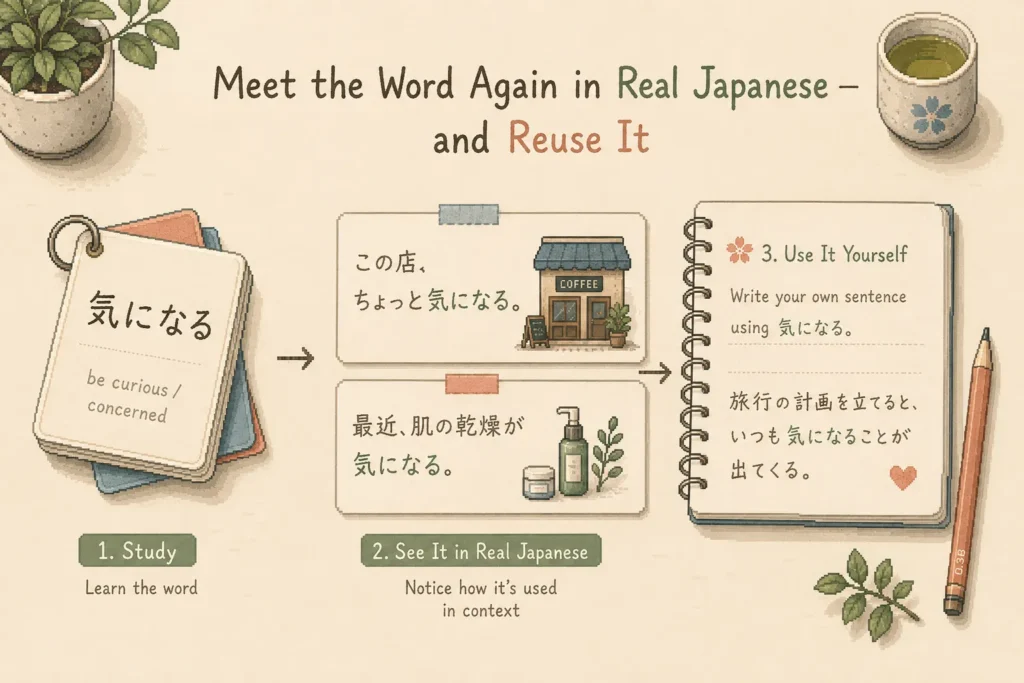 Study the word, notice it in real Japanese, then reuse it in a sentence of your own.