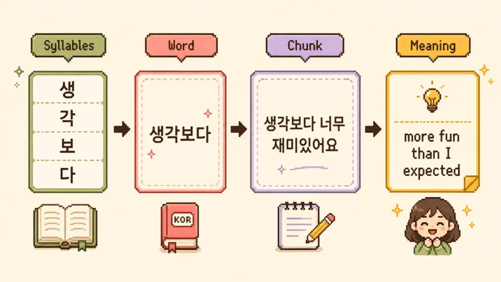 How to Read Korean Faster: Diagram showing the progression from decoding Korean syllables to recognizing whole words, chunks, and meaning