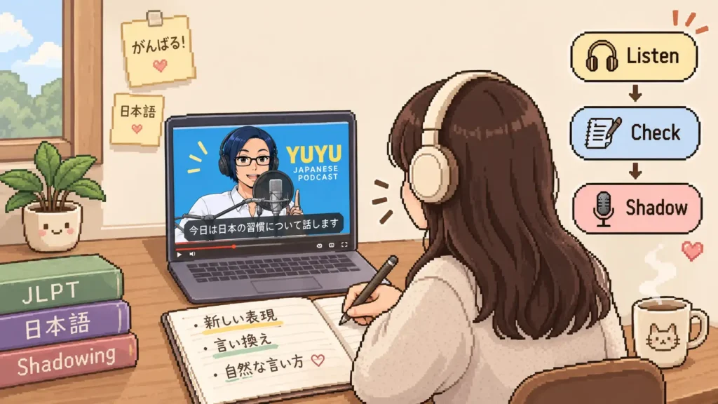 How I study with YUYU Japanese Podcast using a listen, check, and shadowing routine