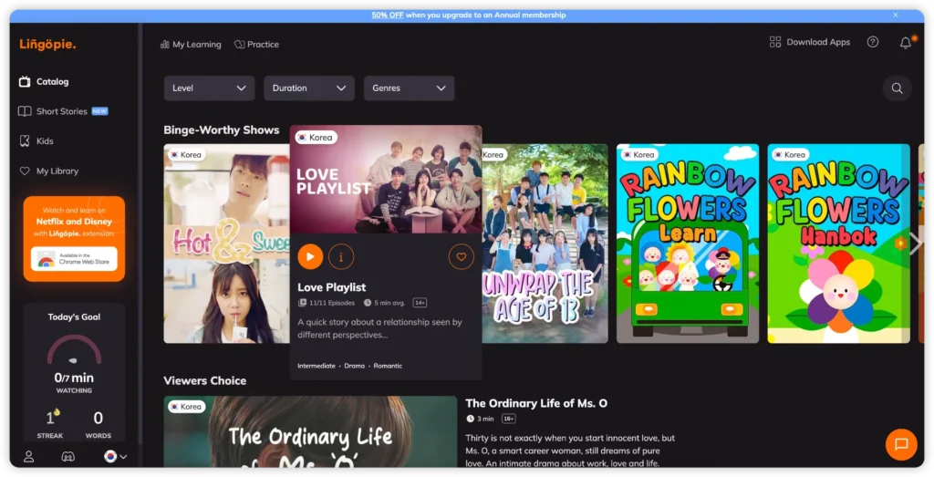 LingQ takes the real-content approach further by turning articles, transcripts, podcasts, and other input into a reading-and-listening study system.