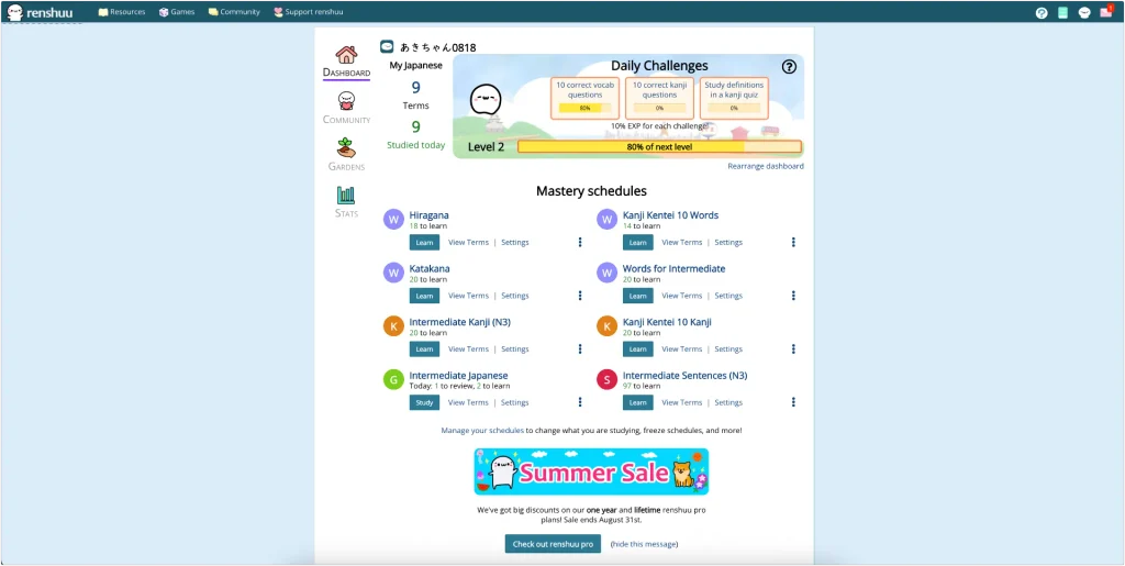 Renshuu is a Japanese learning platform that combines vocabulary, kanji, grammar, sentences, kana study, JLPT content, review schedules, dictionaries, community notes, and other study tools in one place.